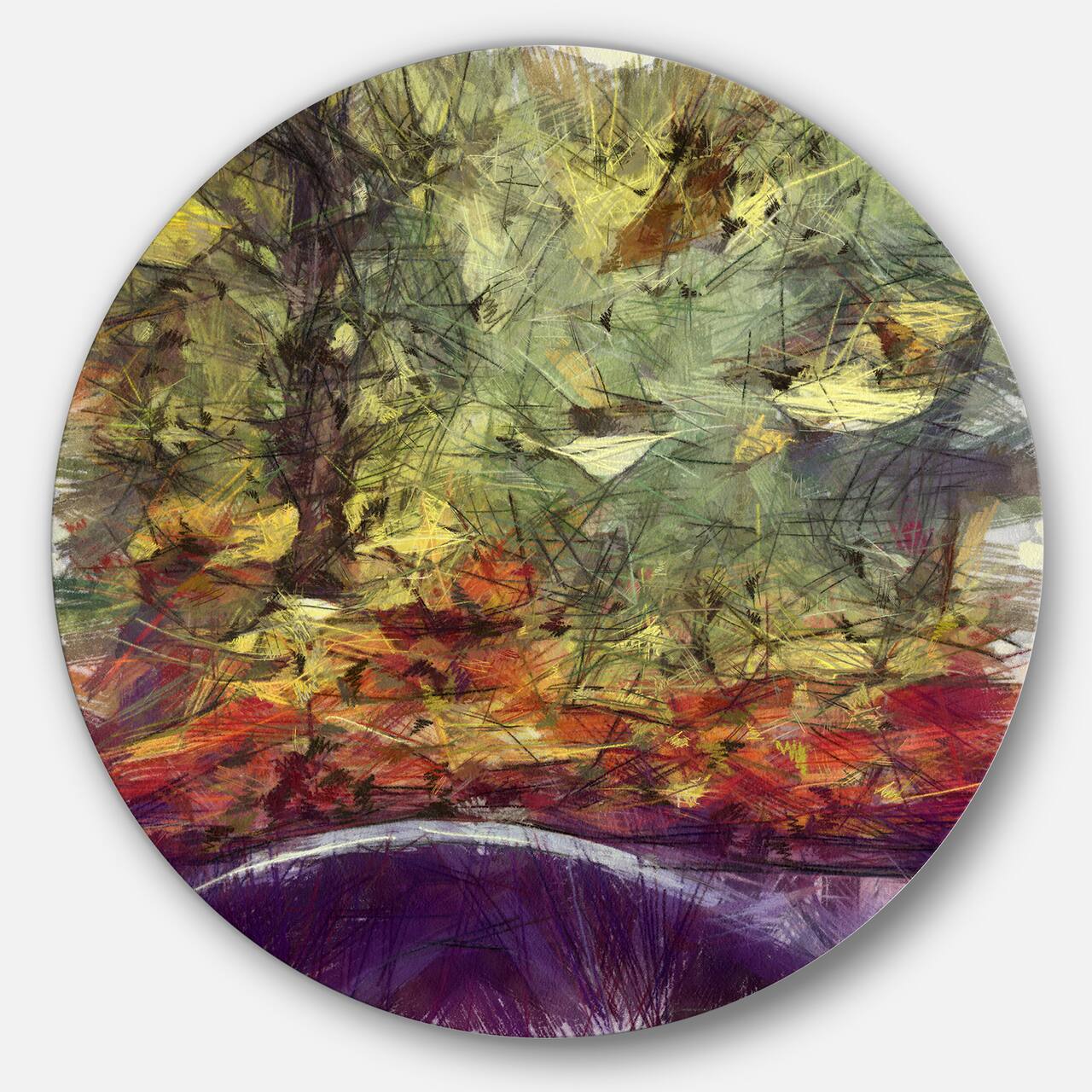 Designart - Abstract Fall Watercolor Drawing' Landscape Metal Round Wall Decor